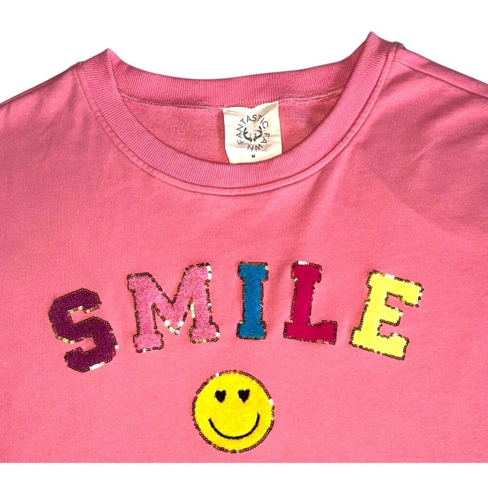 Fantastic Fawn Oversized Smile Patch Sweatshirt / Cuffed Sleeves / Size M